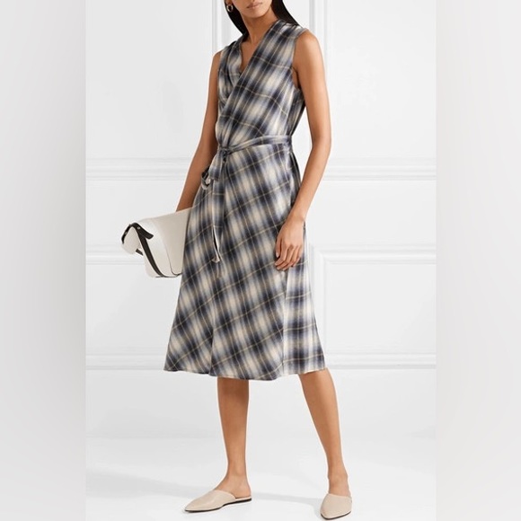 Vince Shadow Plaid Wrap Dress in Twilight - Picture 3 of 8